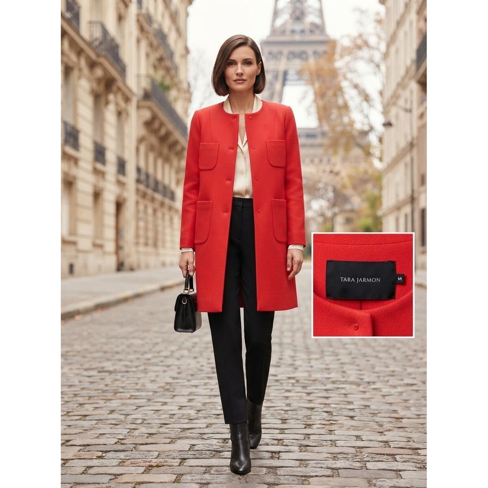 Tara Jarmon Red Collarless Patch Pocket Coat Mid-Length Size 36 M